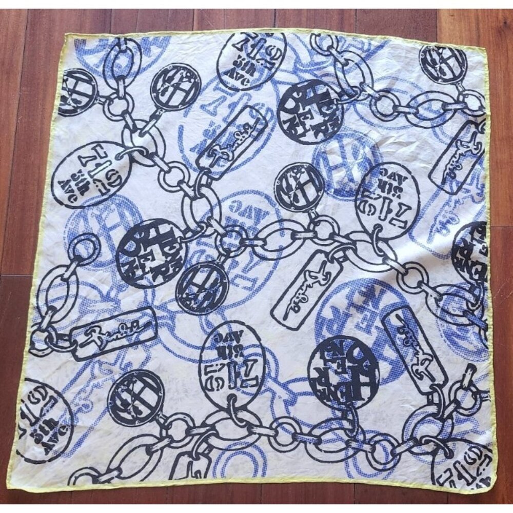 Henri Bendel Silk Scarf Charm Chain Print White Blue Yellow Square 26"